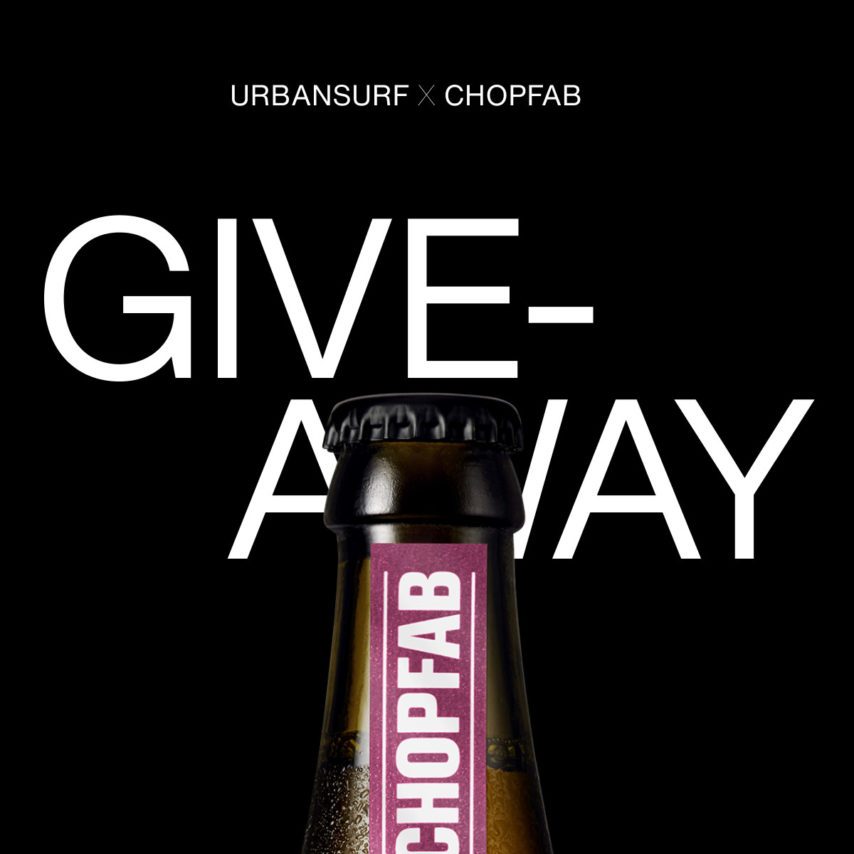 Give-Away Urbansurf X Chopfab. Schrift mit Chopfab Flasche